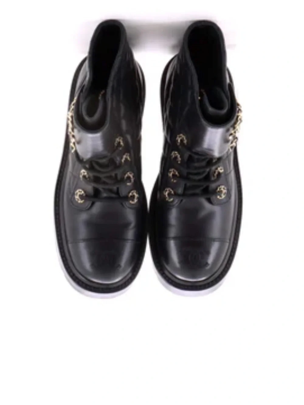 CHANEL Black Quilted Leather Lace-Up Ankle Boots with Chain CC Accent - Picture 3 of 7